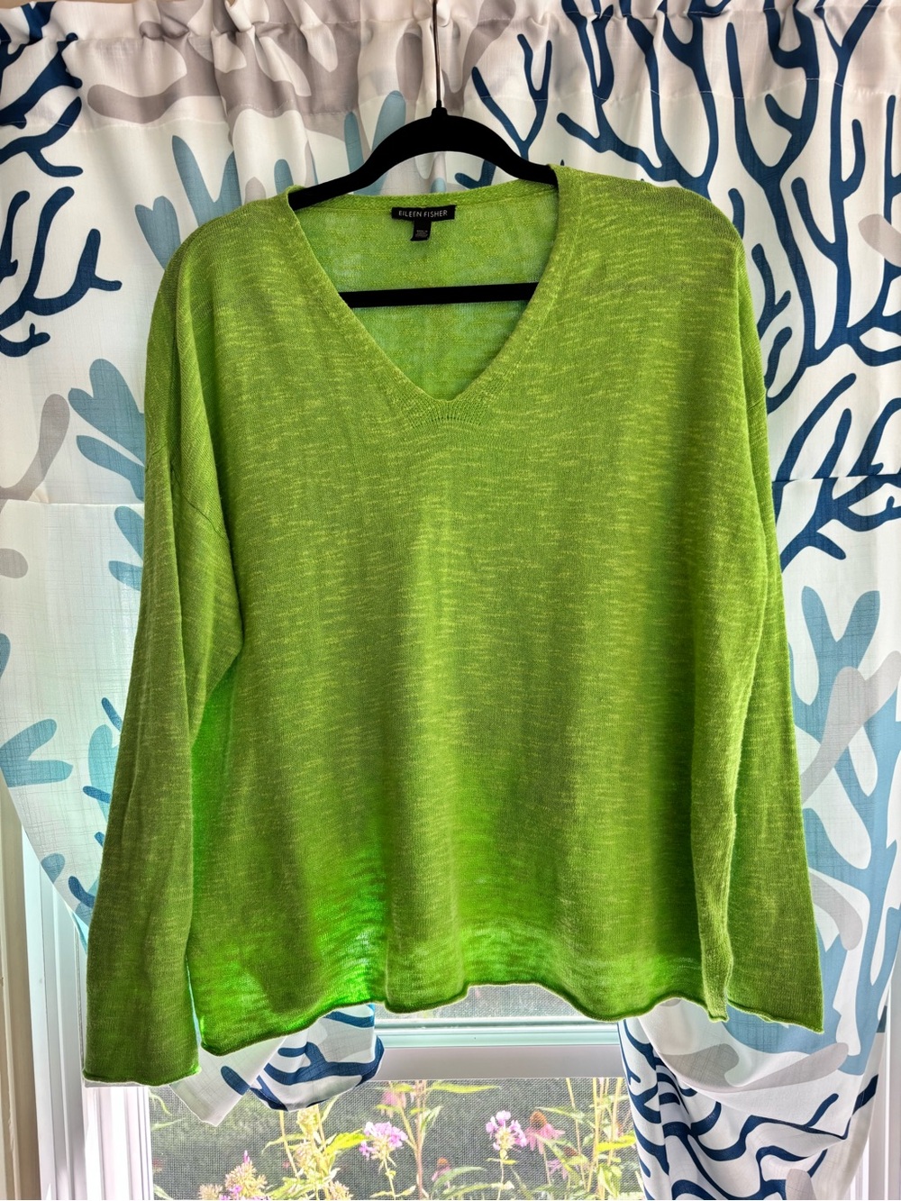 Eileen Fisher Bright Lime V-Neck Lightweight Sweater Preppy Nantucket
